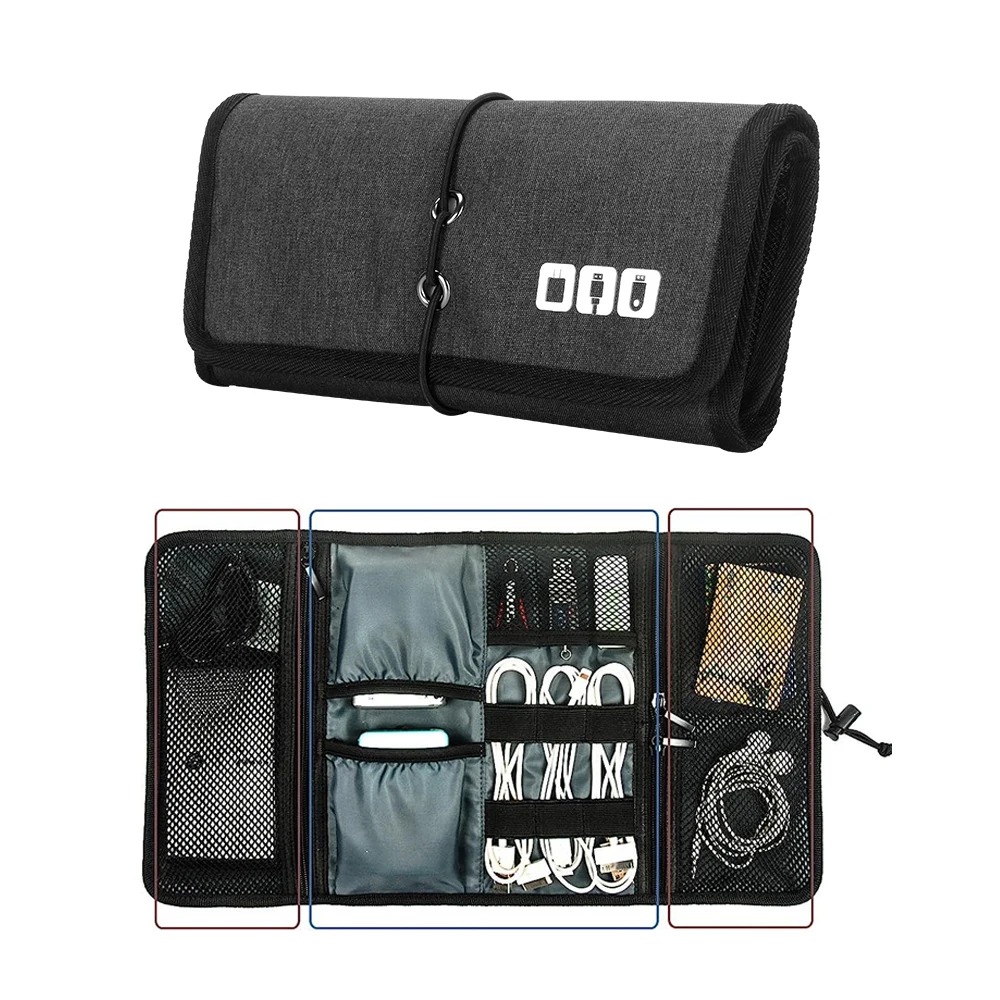 Tech Accessories Travel Case - กระเป๋าใส่สายไฟออแกไนเซอร์อิเล็กทรอนิกส์, ที่ชาร์จสายเคเบิลสําหรับเดินทางอุปกรณ์เสริมโทรศัพท์กระเป๋าออแกไนเซอร์ Roll up Tech กระเป๋าถือสําหรับสาย