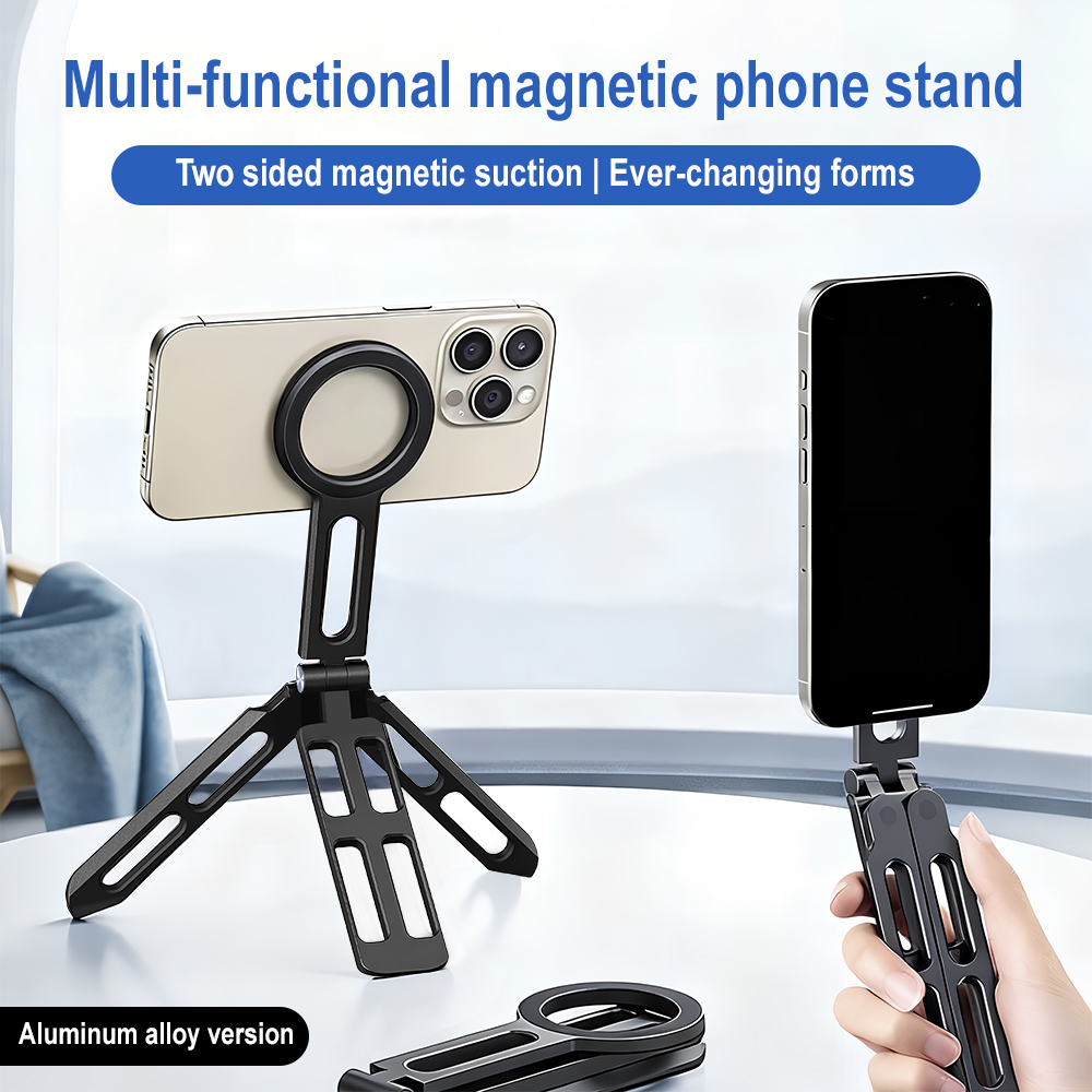Phone Stand Aluminum - ที่ยึดโทรศัพท์แม่เหล็กแบบสี่แกน 360 องศา ° ไม้เซลฟี่แบบพับได้ หมุนได้